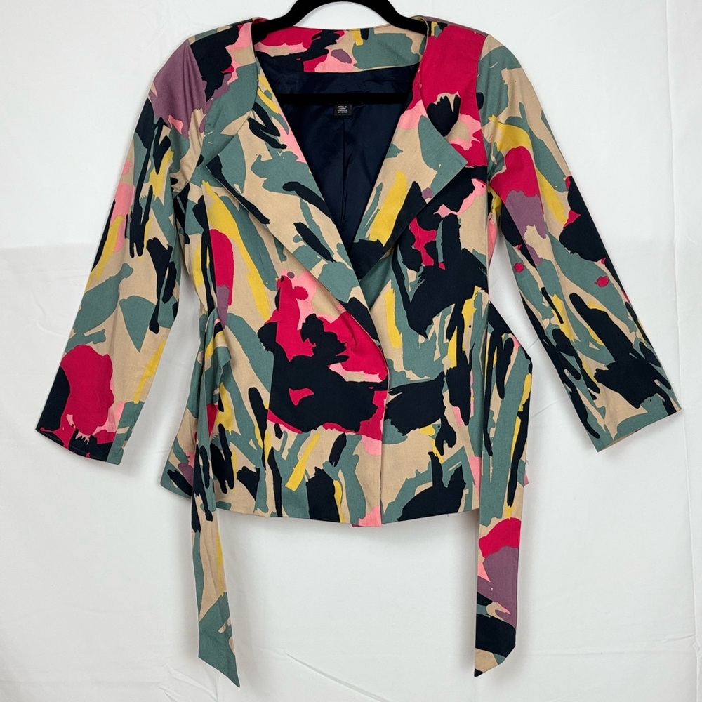 DKNY Multicolor Belted Blazer with Artistic Floral Abstract Design